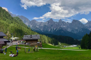 Malga Ces, col passeggino sui sentieri vista Pale di San Martino